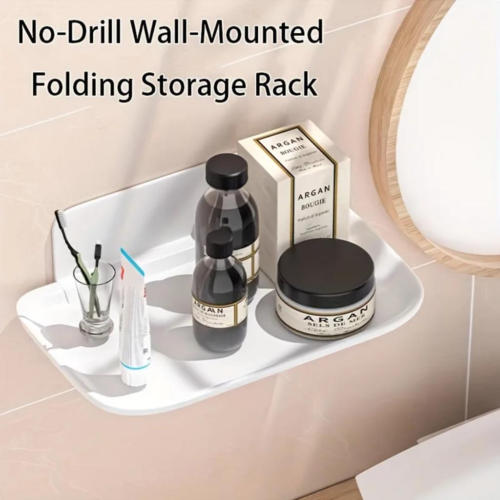 Foldable No-Drill Wall Mounted Storage Rack, White Plastic Multi-Compartment Shelf for Bathroom & Home Organizer