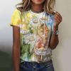 Letní dámské tričko s kulatým výstřihem, 3D květinovým vícebarevným gradientním potiskem, módní, ležérní, s krátkým rukávem