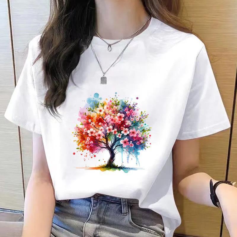 Korean Style Women's Floral Printed Short Sleeve T-Shirt, Round Neck, Casual Fashion for Youth