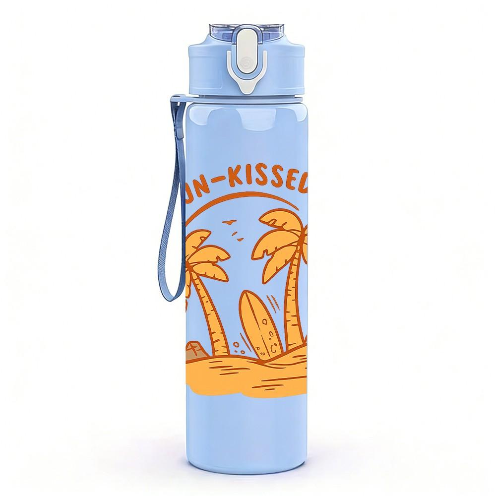 1PC Sun Kissed Palm Tree Summer Beach Print 750ml Color Plastic Sports Water Bottle Leakproof Flip Straw Lid Suitable for Sports Office Home Use