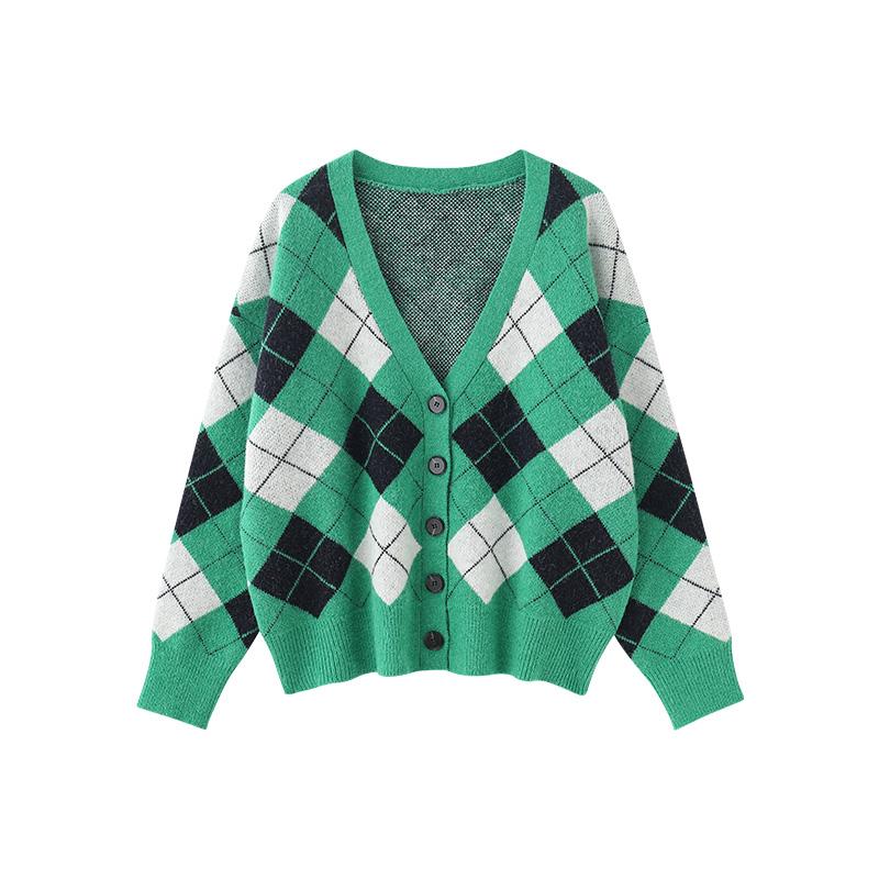 Vintage kostkovaný svetr Cardigany Dámské Oblečení 2023 Podzim Zima Single Breast Dlouhý rukáv Korejské módní topy Pull Femme C-064
