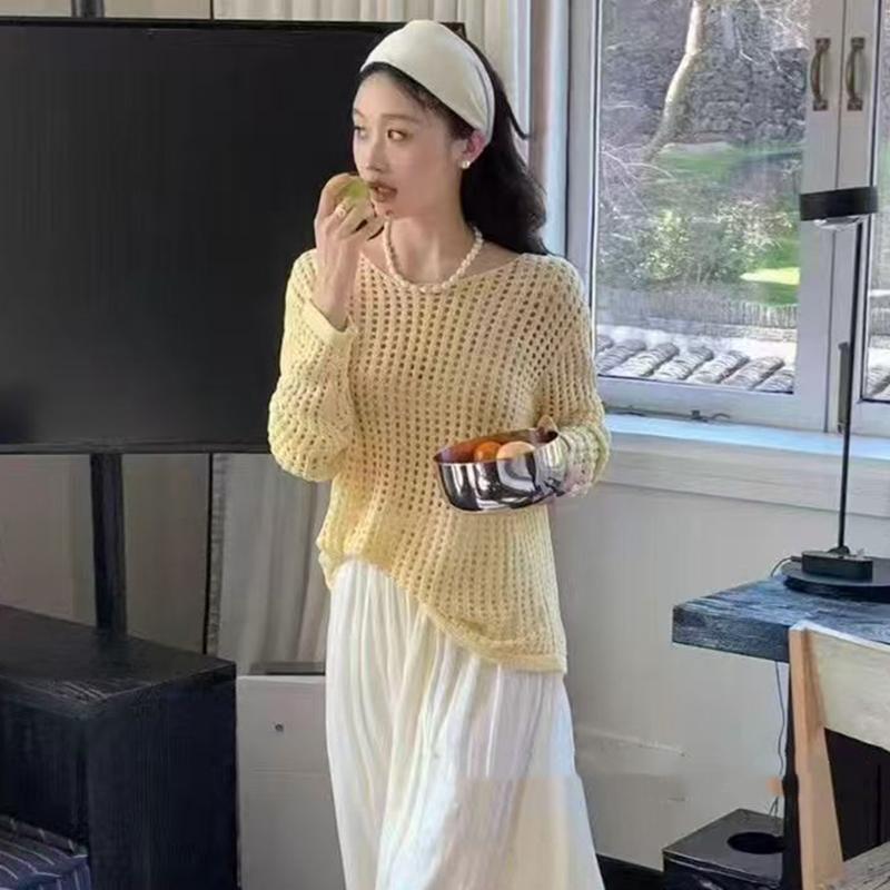 Summer Lady Sexy Hollow Out Mesh Pullover Beach T-shirt Women's Knitted Sweaters See Through Casual Oversized Long Sleeve Tops