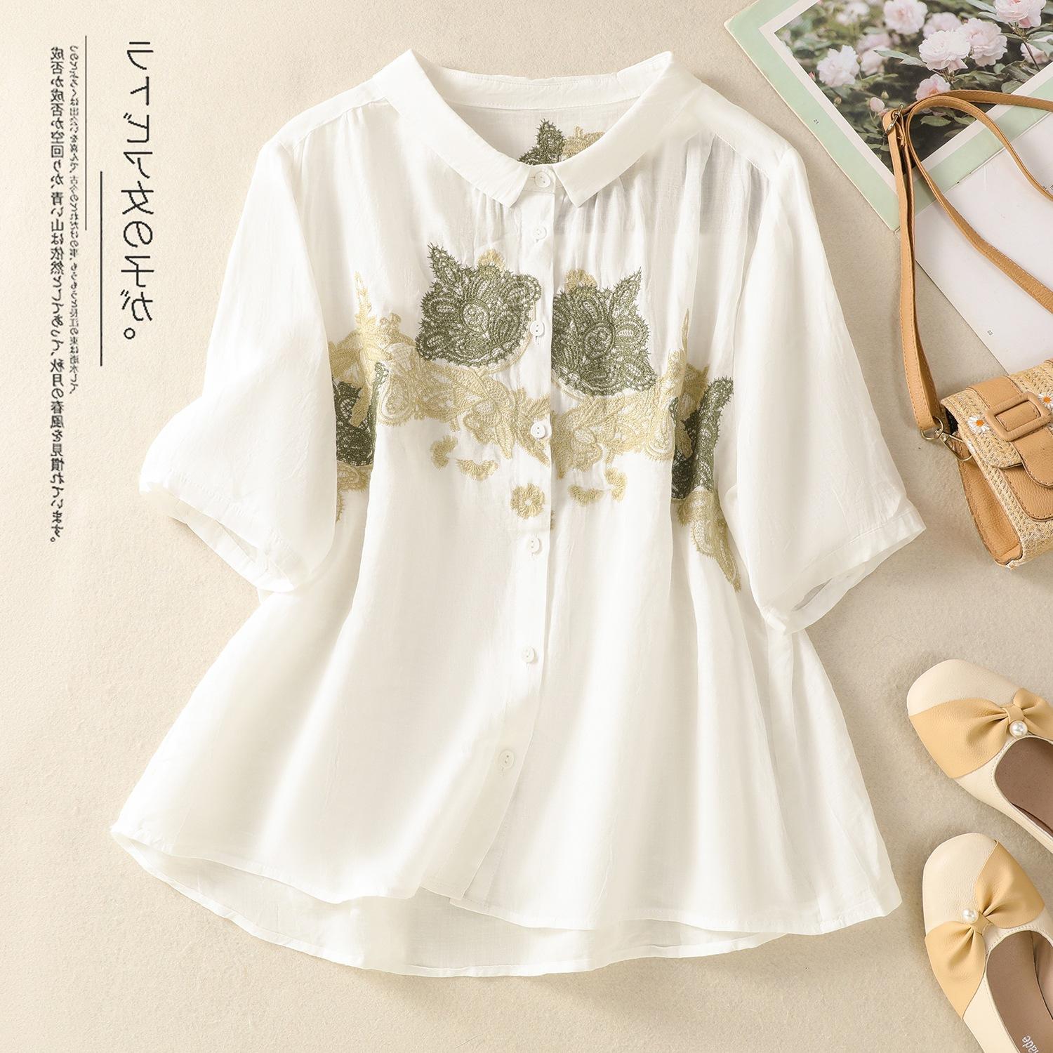 

2025 лето новая рубашка с ретро-лацканами из хлопка и льна с вышивкой женская повседневная свободная однобортная тонкая универсальная рубашка 2XL белый
