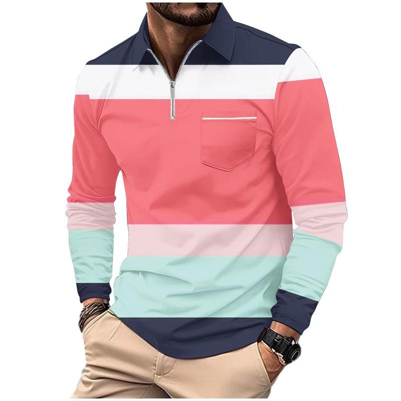 Men's Printed Polo Shirt with Zipper Pocket Sports Long Sleeved Polo Shirt