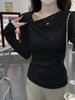 Korean Off-Shoulder Twist Long-Sleeve Slim-Fit T-Shirt for Women, Autumn/Winter Design, Base Layer Top