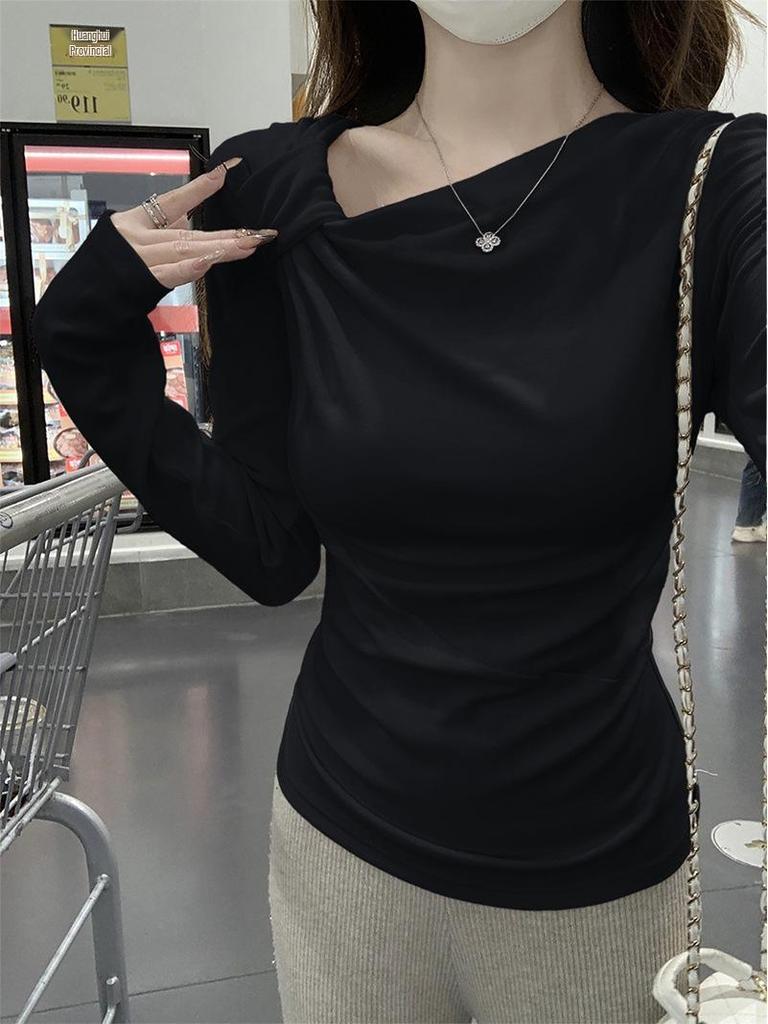 Korean Off-Shoulder Twist Long-Sleeve Slim-Fit T-Shirt for Women, Autumn/Winter Design, Base Layer Top