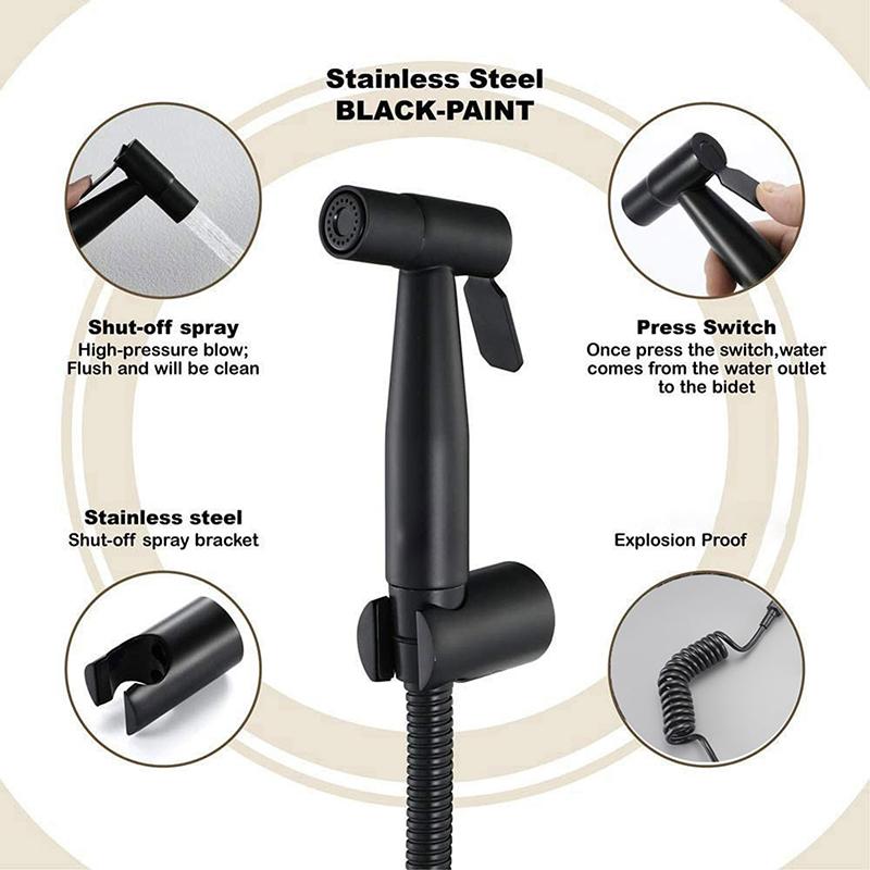 Black Stainless Steel Handheld Bidet Sprayer Set for Toilet Premium Pressurized Bathroom Shower Head with Spring Hose & Valve