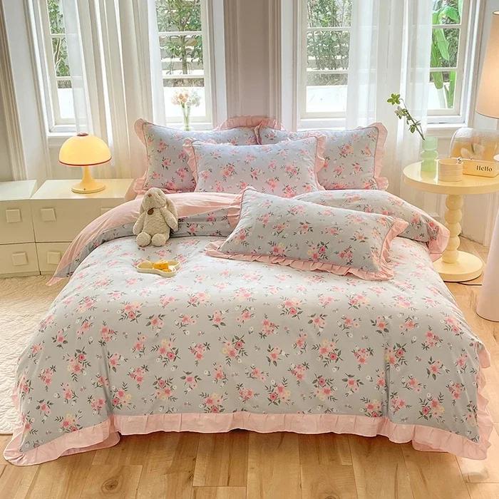 Pink Floral Duvet Cover Set 100% Cotton Korean Style Ruffled Quilt Cover with 2 Pillowcases Skin-friendly Queen Size Bedding Set