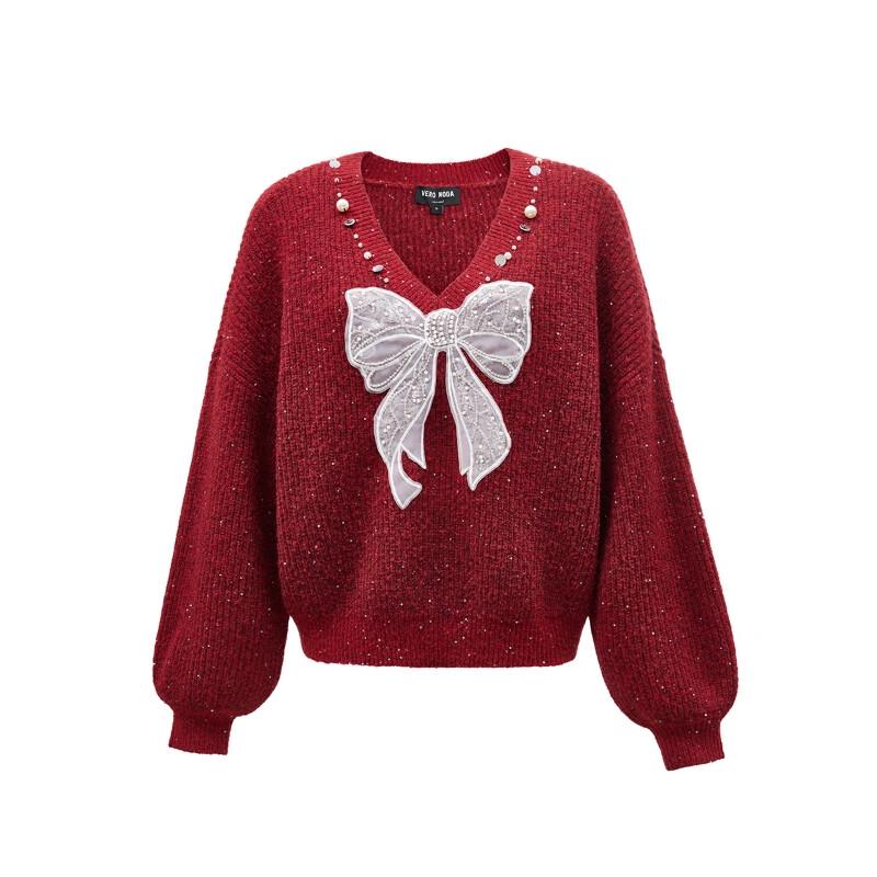 Veromoda Women's Loose Fit V-Neck Wool Blend Knit Sweater with Bow-Knot & Sequins