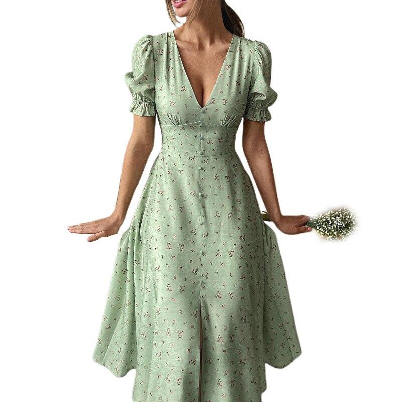 Summer Elegant Floral Printed V-neck Long Dress Women Office-lady Lantern Sleeve Dress With Button Fashion Slim Robe Femme 26226