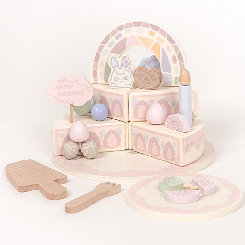 Wooden Dessert Toy Set With Peach Cheese Cake For Kids Play Interactive Family