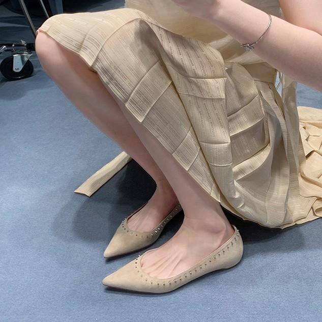 Cowhide version~ French rivet leather shoes shallow mouth single shoes women's pointed shoes gentle wind flat shoes evening ladyshoes