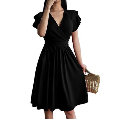 Women's Loose Solid Color Waist Cinched V-Neck Mid Length Dress Mid Length Dress