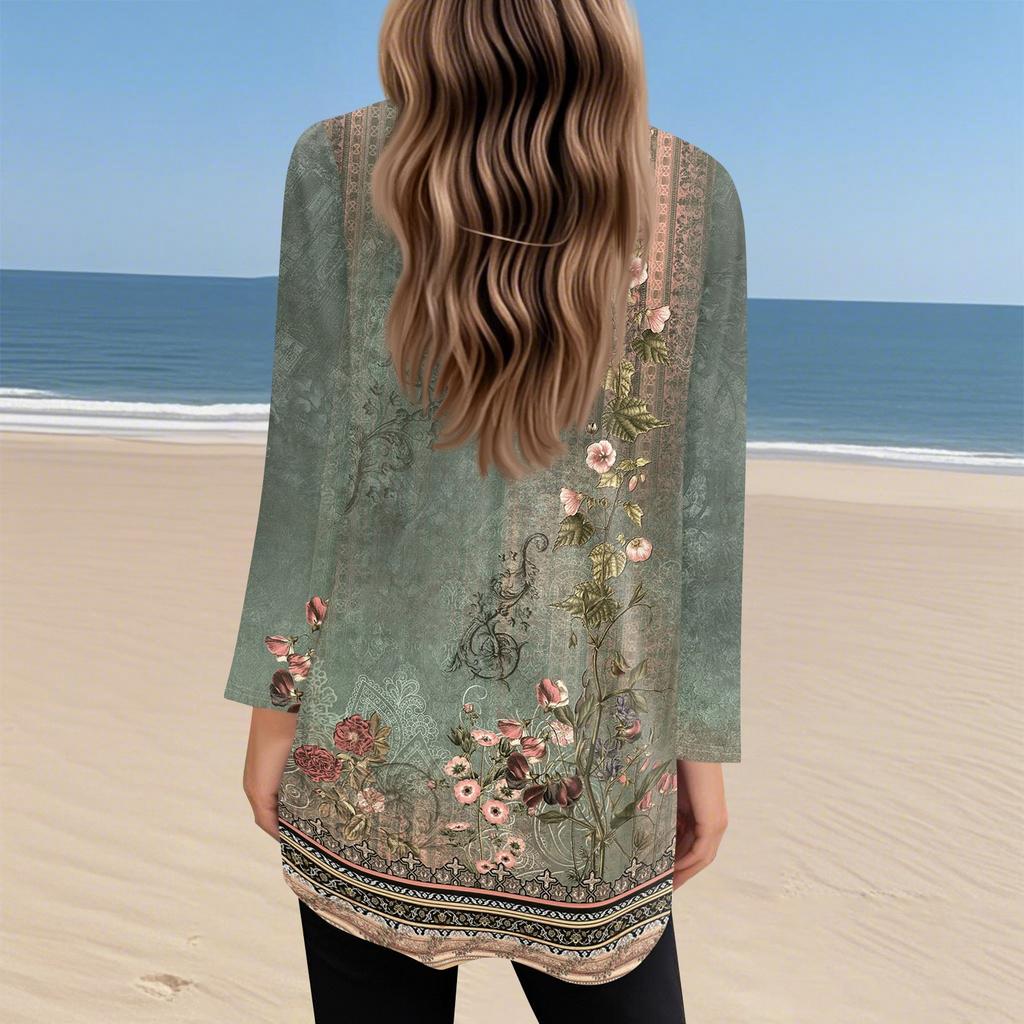 Damen Oberteile V-Ausschnitt Langarm Blusen Lässige Mittellange Hemden Mode Druck Tunika Oberteile Mit Taschen