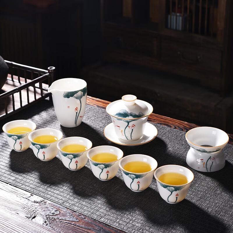 Lotus Charm Mutton Fat Jade Ceramic Tea Set
