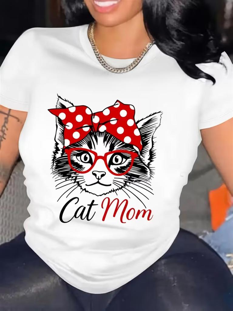 WomenS Funny for Cat Mom TShirt Cute for Cat Polka Dot Headband Graphic for Cat Mom Casual Loose Tshirt Ladies T Shirts