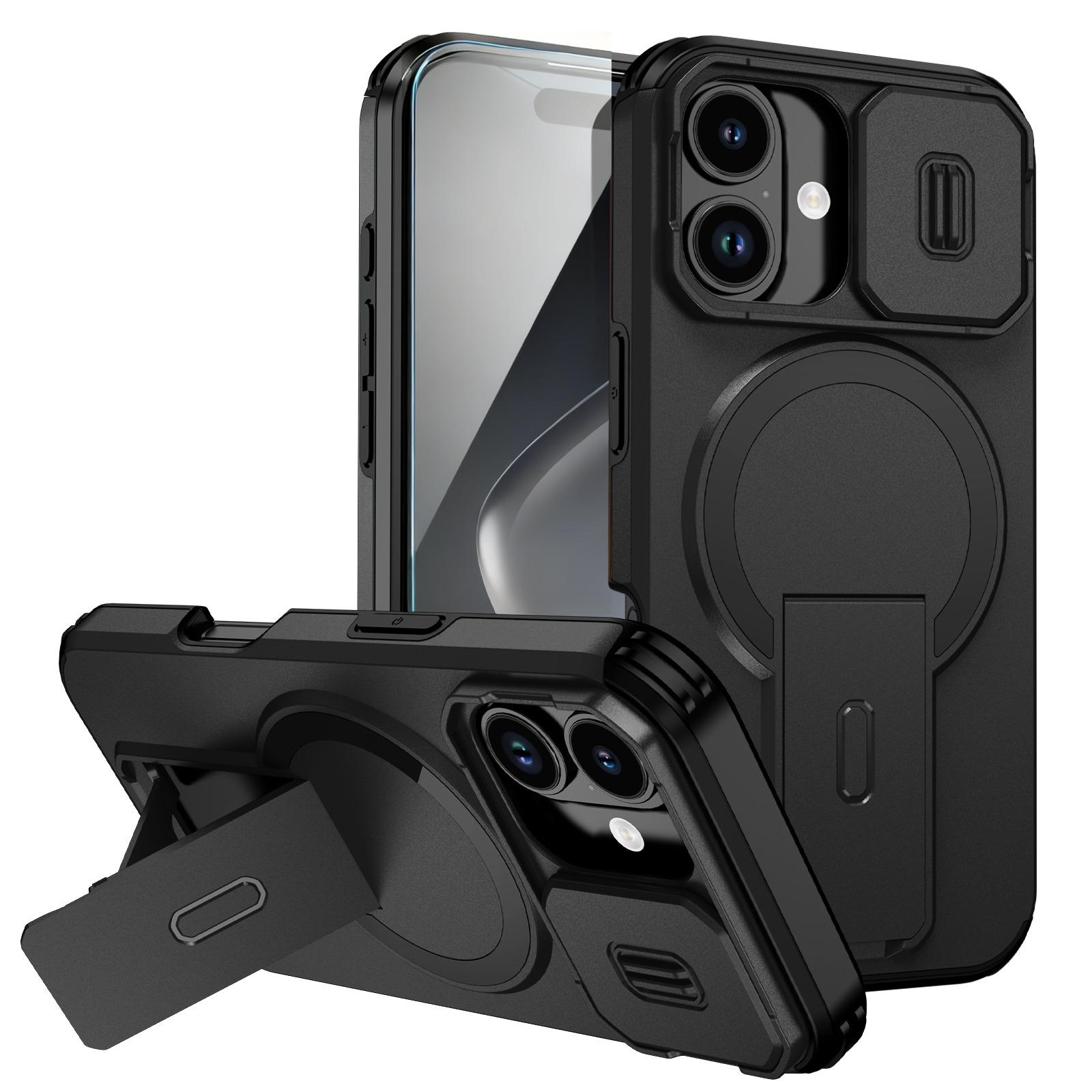 

1 Защитное стекло + 1 Чехол для телефона для iPhone 17 Pro Max 16 17 16e 15 Pro 14 Plus 13 12 11, Сдвижная крышка камеры, Подставка для Magsafe iPhone 11