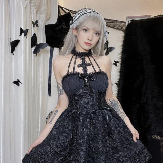 Women's Sleeveless Gothic Lace Dress Vintage Corset Halter Swing Cocktail Dress Victorian Style Black Lolita Punk Dress
