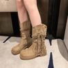 Platform boots women's retro wind knight boots 2025 autumn new soft leather matte fringed hemp rope thick heel medium boots