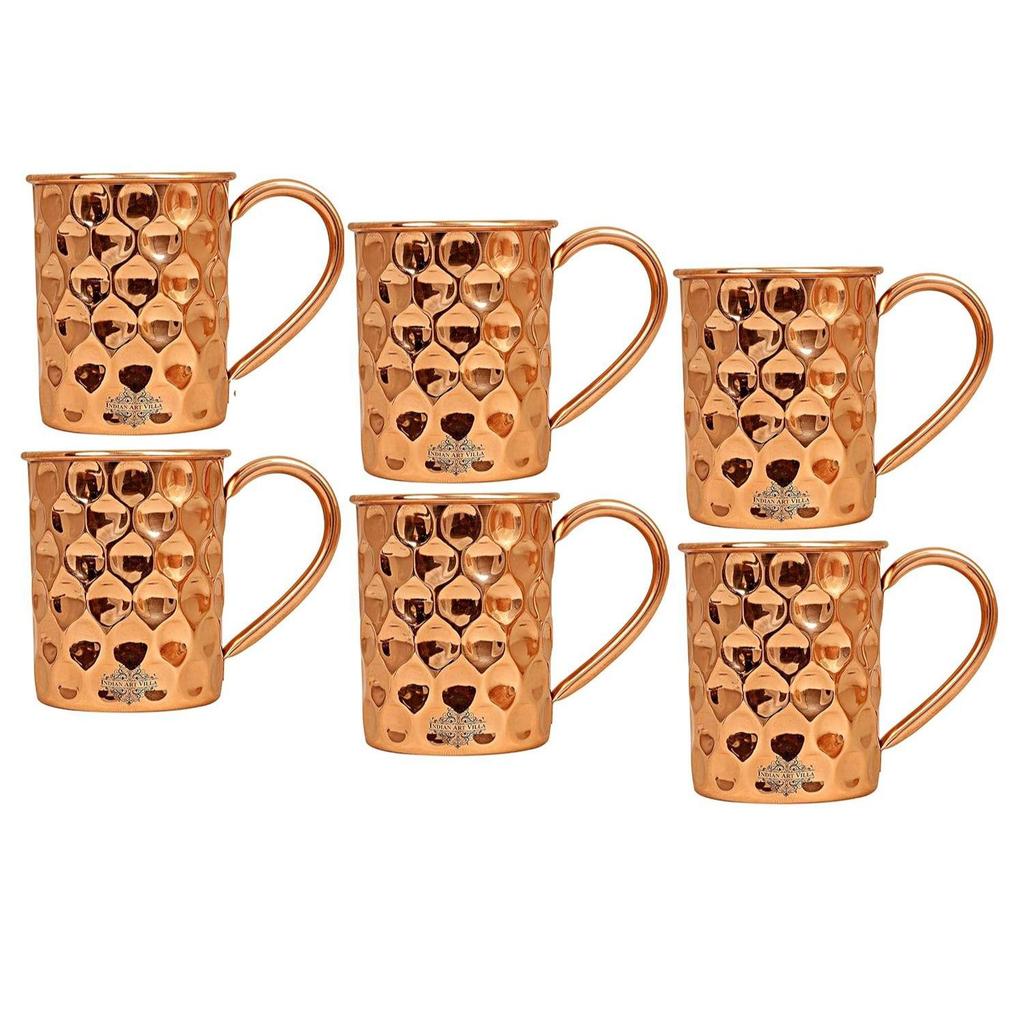 Pure Copper Straight Shaped Diamond Design Moscow Mule Beer Mug Cup, Best for Beer Cocktail Parties, Barware, Volume-500ML, Set of 6