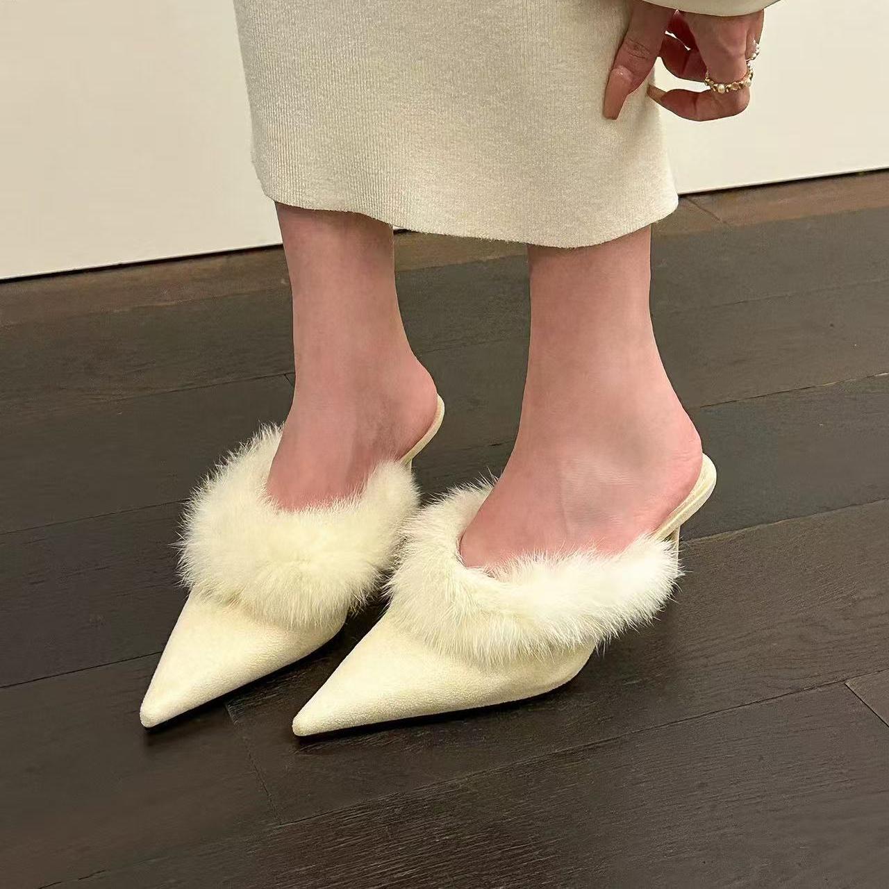 

Меховые женские тапочки с острым носком, сексуальные замшевые шлепанцы на высоком каблуке, зимняя обувь 2025 года, тренд, элегантная вечеринка, Zapatos Mujer 39 белый