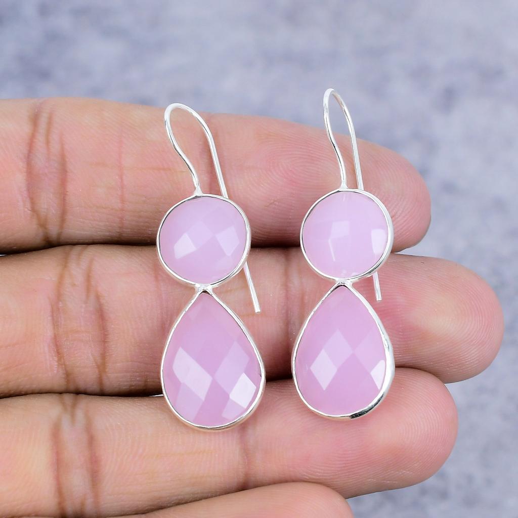 Pink Chalcedony Gemstone Handmade 925 Sterling Silver Jewelry Earring 1.77" M-2628