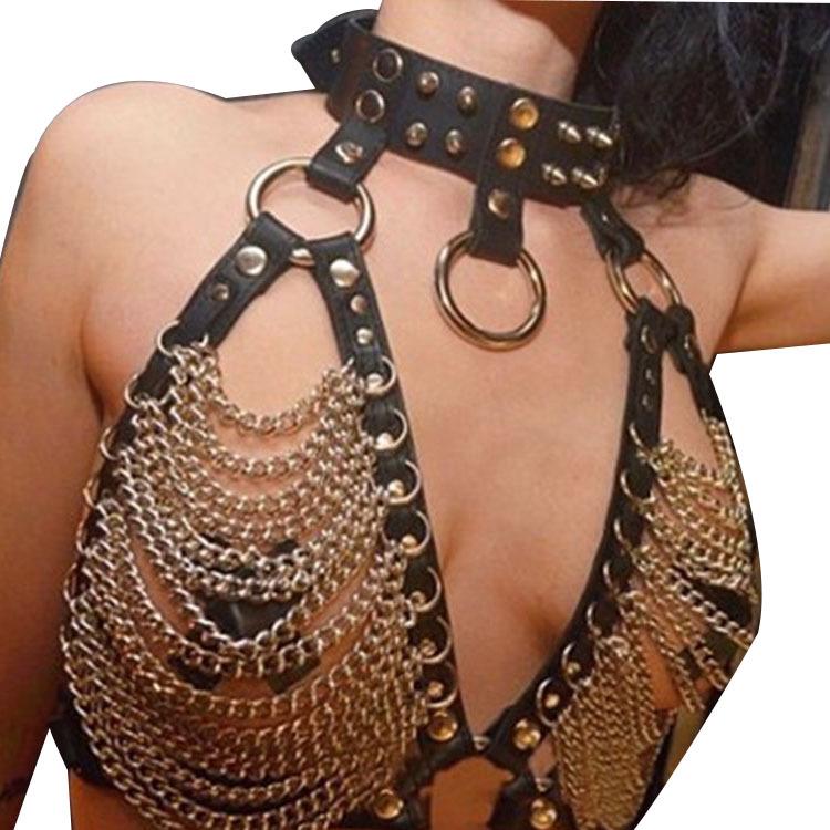 Punk Rivet Ring Fashion Collar  Sexy Chest Chain Leather Belt for Women