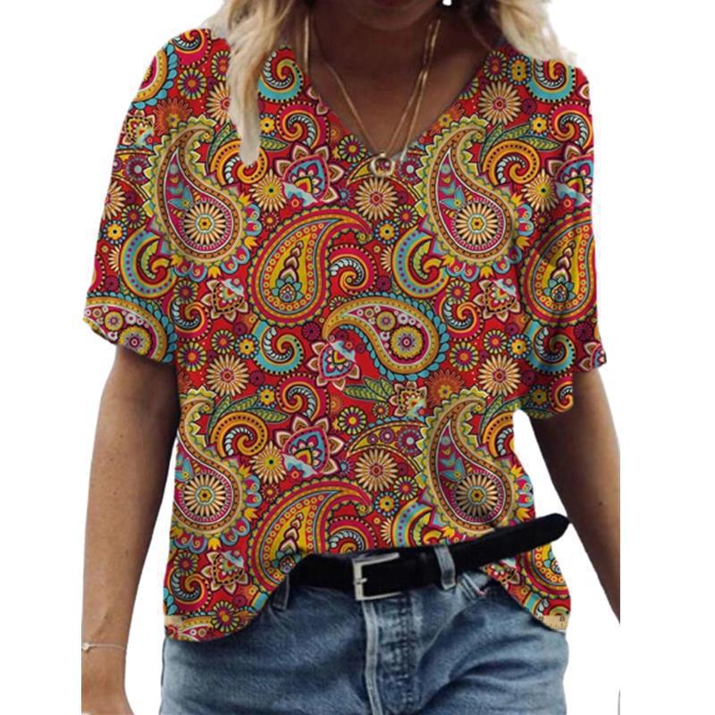 Women's T-shirt 3D Pattern Printed Casual Short Sleeved V-Neck Top Fashionable Street Women's Clothing