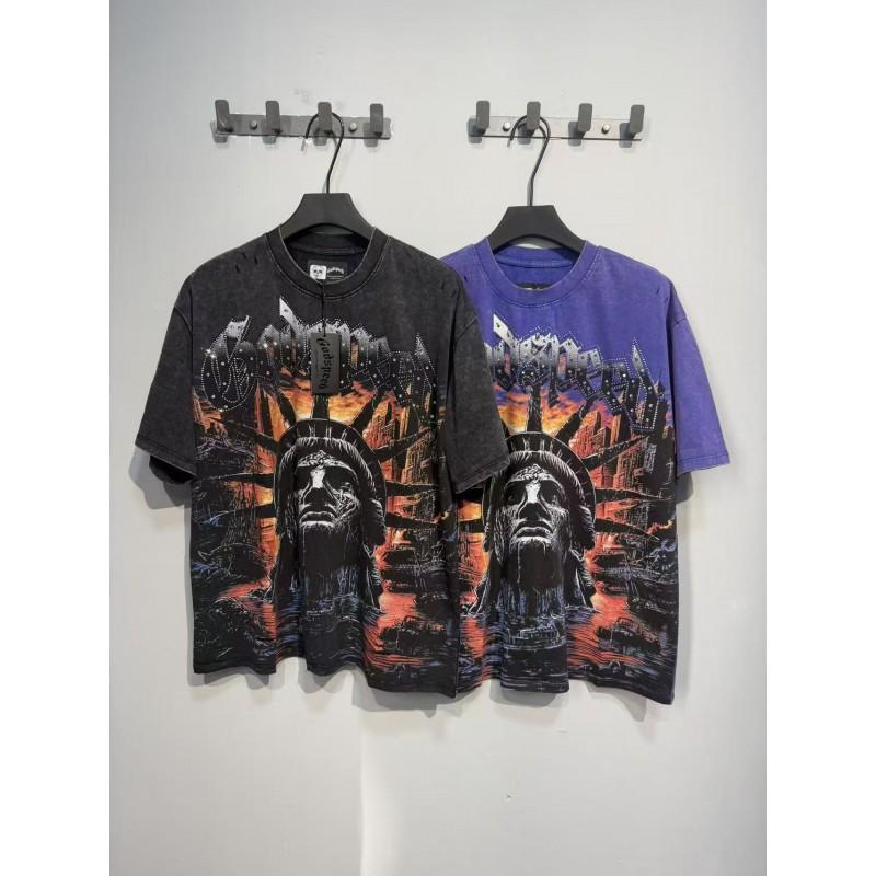Mens Oversized Graphic Tee With Skull Print Washed Vintage Cotton T-Shirt Loose Fit Short Sleeve Crew Neck
