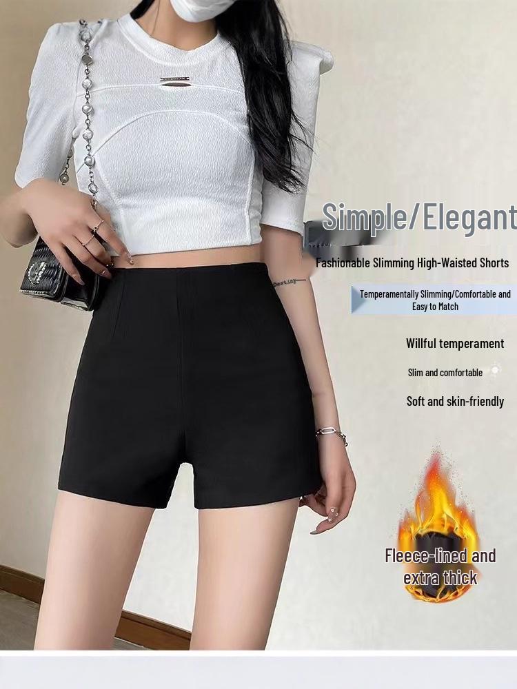 Women's Black Elastic High-Waisted Fleece-Lined Shorts - Slimming, Wide-Leg, Thick, Small Size, Autumn/Winter 2024 Collection