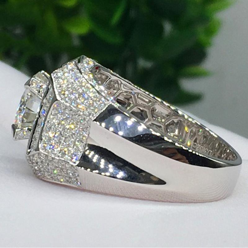 Modischer Herrenring mit weißem Kristall-Zirkonia-Stein, Luxus-Silberfarbe, Verlobungsring, Klassischer Schmuck für Hochzeitsfeier, Valentinstagsgeschenk