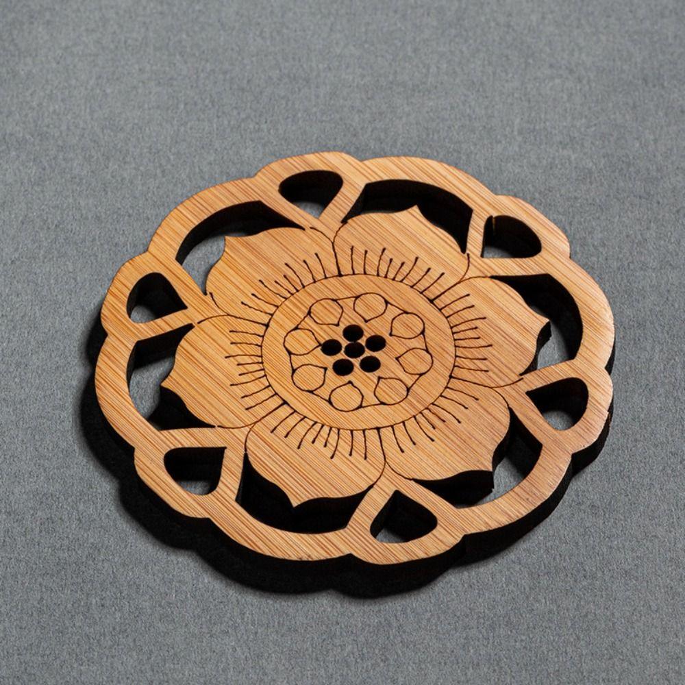6Pcs/Set Chinese Style Wooden Round Cup Mat Lotus Flower Tea Cups Coaster  Home Decoration
