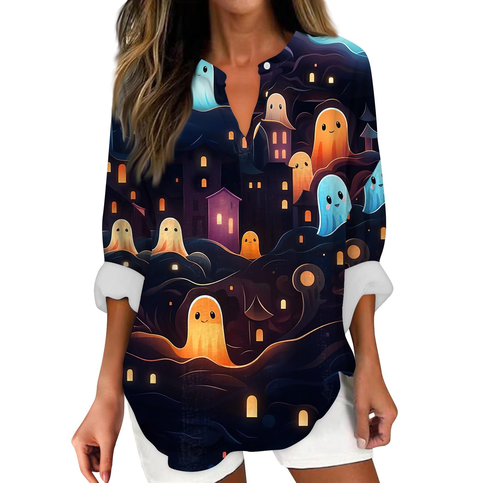 

Женские модные повседневные женские топы с v-образным вырезом и длинным рукавом с принтом на Хэллоуин L тёмно-синий