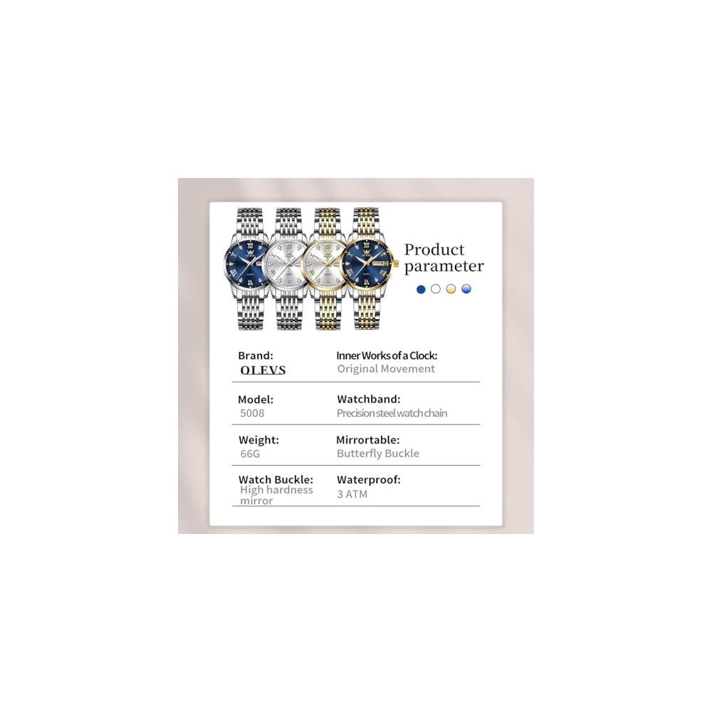 OLEVS Women's Analog Quartz Watch Waterproof Luminous Date Day Display Gold Silver Stainless Steel Band Blue Dial