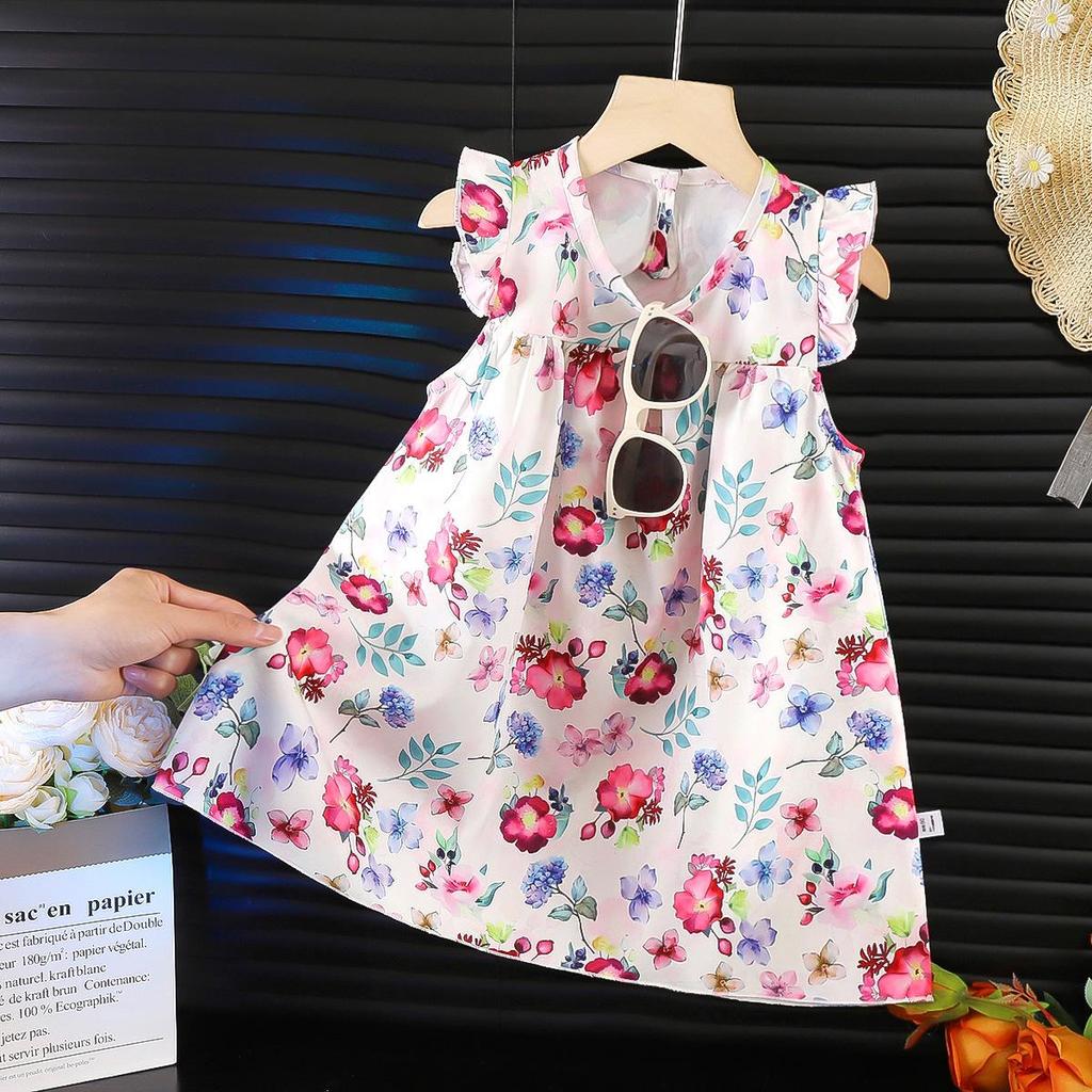 2026 Summer Kids' Floral Print Chiffon Pinafore Dress with Flutter Sleeves