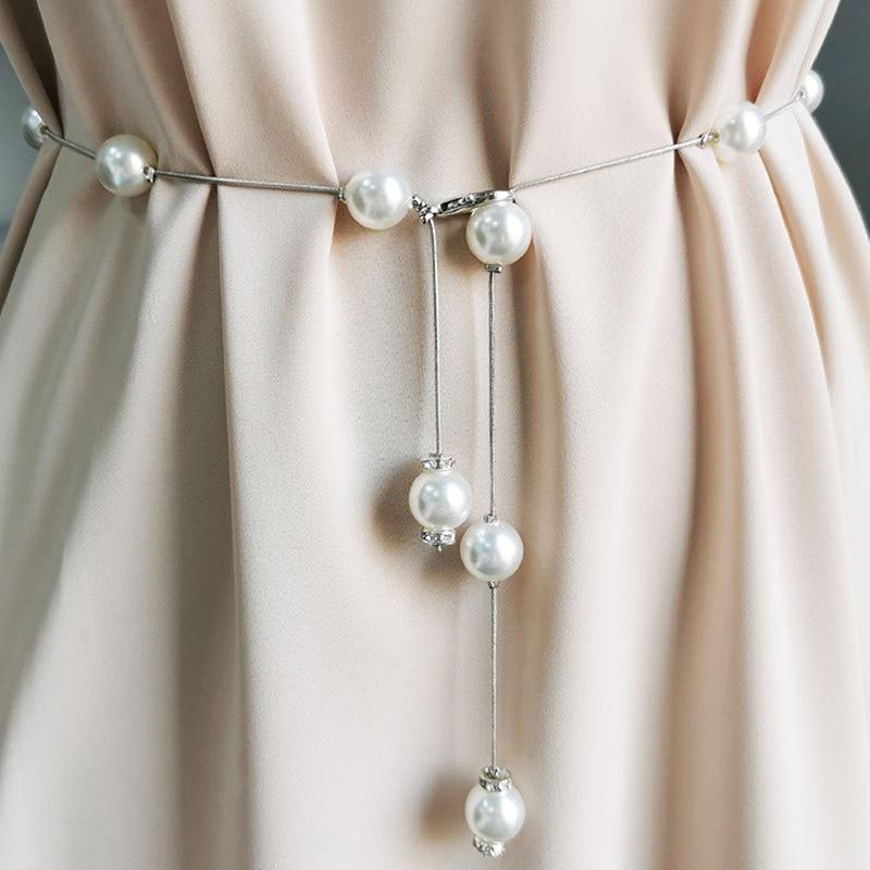 Gold/Silver Adjustable Elegant Simulation Pearl Women's Belt Thin Chain Belt For Ladies Dress Skinny Waistband Decorative Jewelry