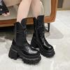 Fashion 9CM Women's Mid-Calf Boots New Fashion Lace-up Patent Leather Chunky Shoes Autumn High Heels Platform Motorcycle Boots For Woman