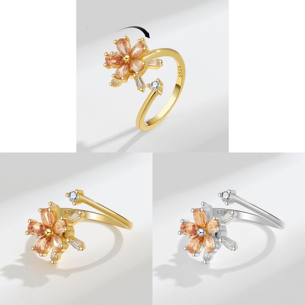 Flower Zirconia Rotating Ring With Adjustable Size For Stress Relief And Trendy Women