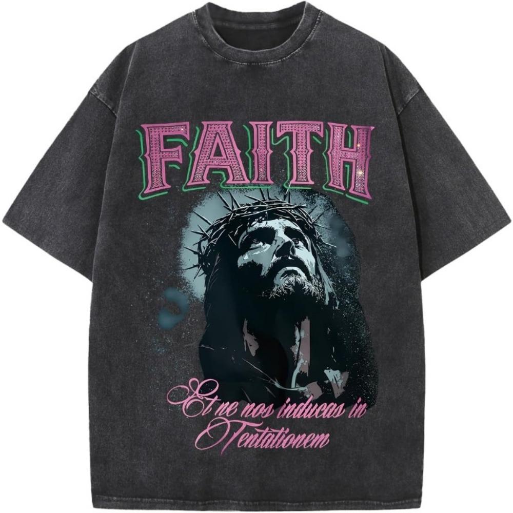 Camiseta con Estampado de Retrato Lavado Vintage Gráfico de Fe Religiosa Camiseta Casual Oversize de Manga Corta para Hombre Mujer