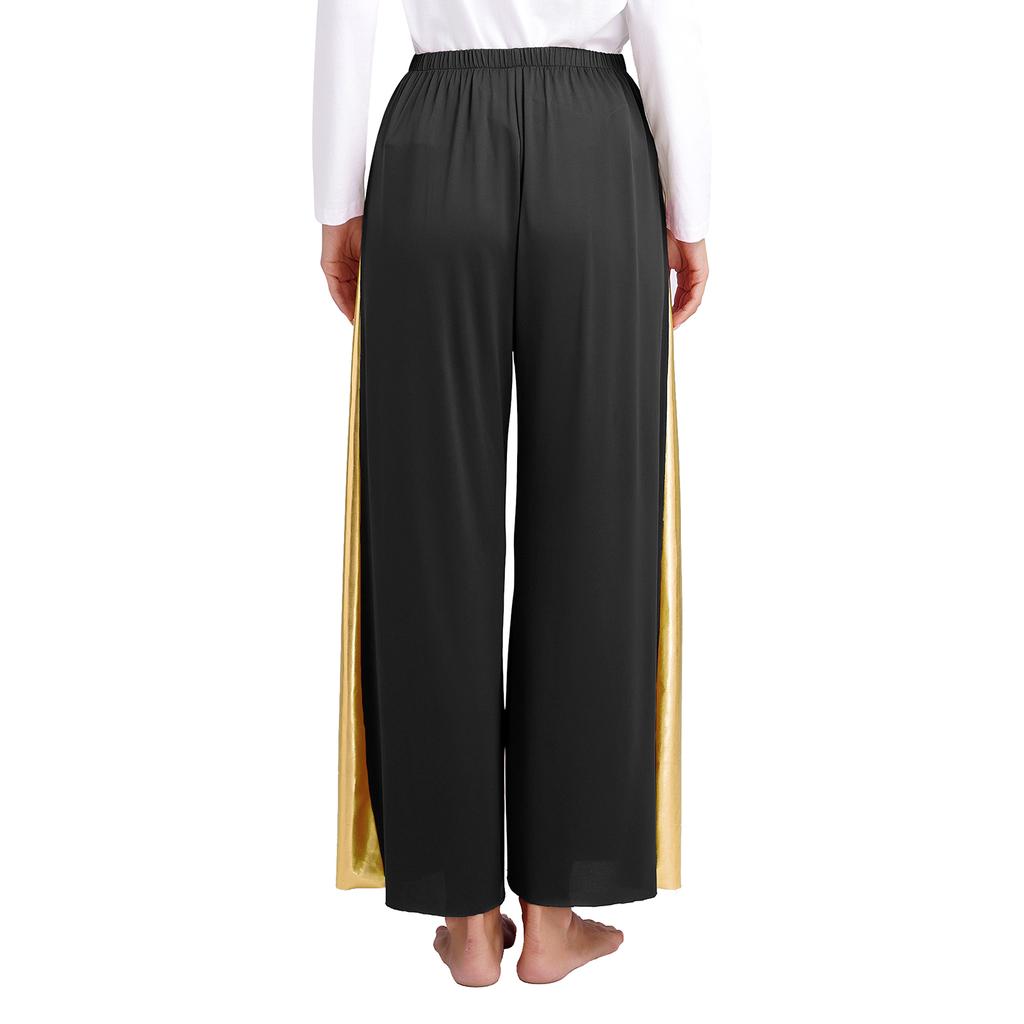 Womens Liturgical Dance Pants Metallic High Waist Elastic Waistband Wide Leg Loose Performance Trousers