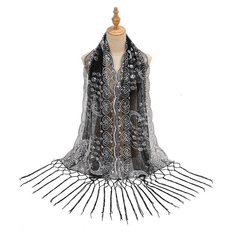 New Sequined Peacock Tassel Embroidered Long Scarf for Women  Fashionable and Versatile National Style Shawl Thin Silk Scarf