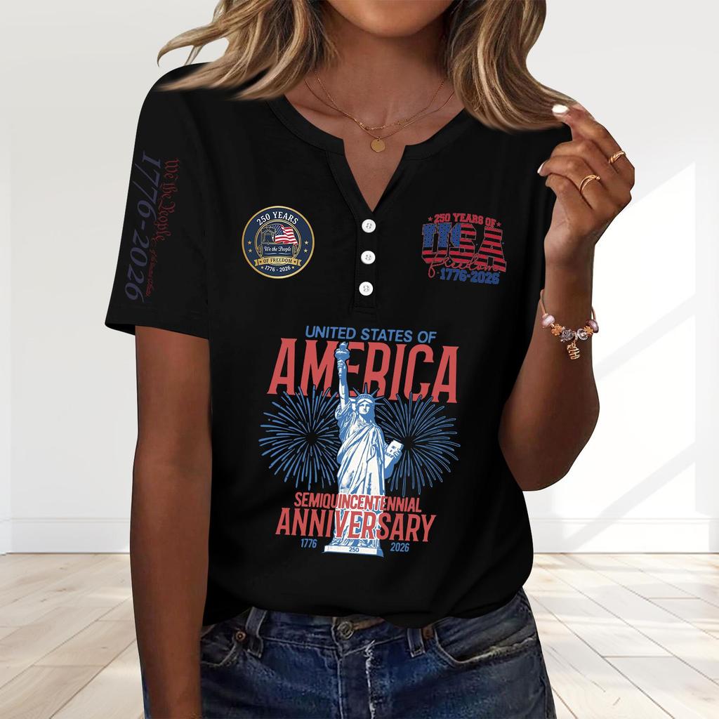 Women's Fashion Casual 250th Anniversary Independence Day Print V-Neck Short Sleeve Decorated Button-Up T-Shirt