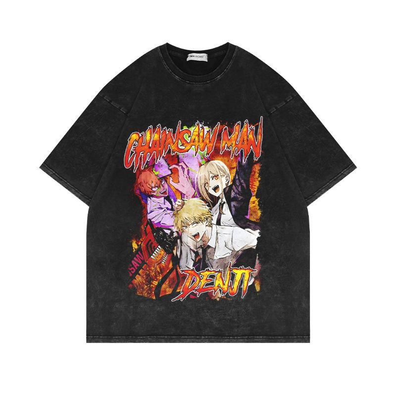Summer New Pure Cotton Tide Brand American Retro Men's Clothing Washed Old Chainsaw Man Animation Loose T-shirt Men and Women Ins