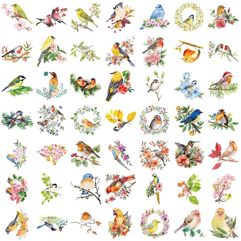 50 Transparent Ins Watercolor Bird Sticker Pack Waterproof Transparent PET Manual Material Decorative Guitar Notebook