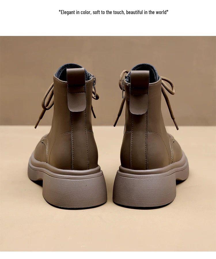 Women's Autumn/Winter Soft Leather Martin Boots, British Style, Mid Heel, Plus Cotton, Thick Sole, Versatile Ankle Boots