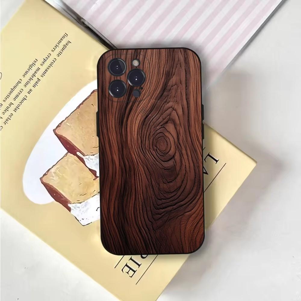 Natural Wood Phone Case For iPhone 16,15,14,13,12,11,Pro,X,XS,Max,XR,Plus,Mini Soft Black Cover