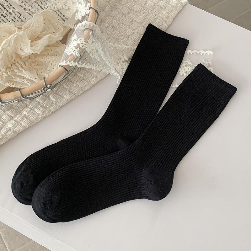 Women's Black & White Ribbed Slouch Socks - Mid-Calf Length, Versatile for Autumn/Winter, Pair with Leather Shoes