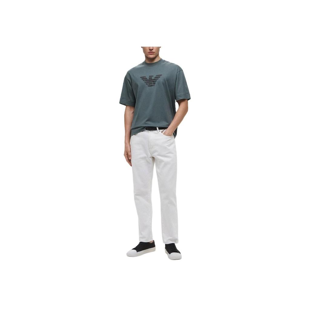 Emporio Armani Ss25 Tričko s výšivkou orla, kulatý výstřih, volný střih, krátký rukáv, Pánské topy, Tmavě zelená, EM001026-AF13669-M9058