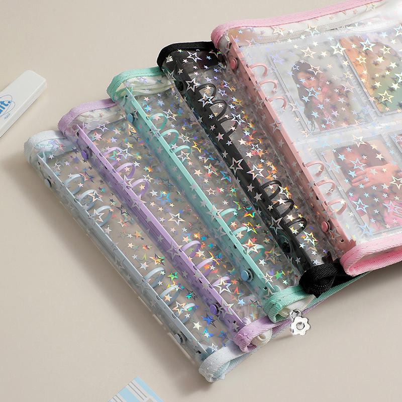 A5 Budget Binder Planner Cover with Zipper Glitter Stars 6 Ring Refillable Notebook Shell for Journal Albums Diary School Office Supplies