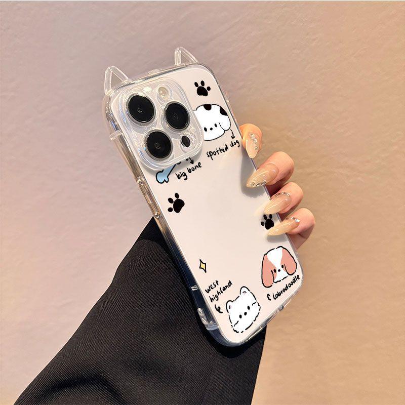 Line Bones Dog Apple Phone Case: Transparent Cat Ears, Precise Cutouts for iPhone 13, 14, 15 Pro/Pro Max